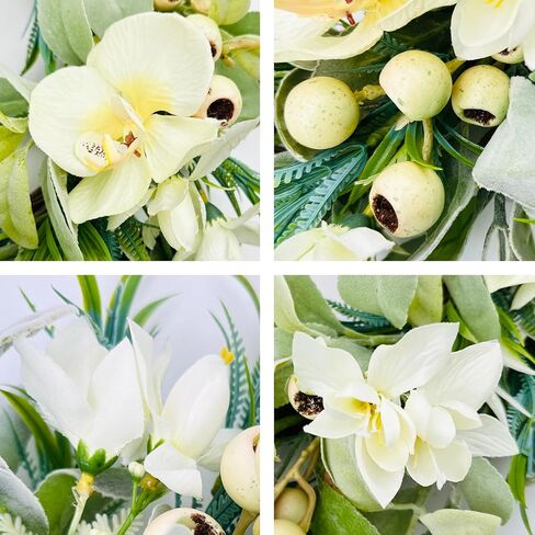 White Orchid Wreath for Front Door, 22 Inch Spring Summer Wreath with Soft Lamb's Ear and Cream Berries, Handcrafted Artificial Floral Wreath for Farmhouse, Indoor and Outdoor Year-Round Decor in Saudi Arabia