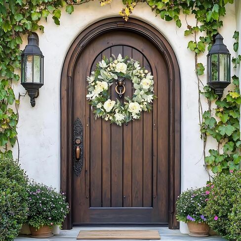 White Orchid Wreath for Front Door, 22 Inch Spring Summer Wreath with Soft Lamb's Ear and Cream Berries, Handcrafted Artificial Floral Wreath for Farmhouse, Indoor and Outdoor Year-Round Decor in Saudi Arabia
