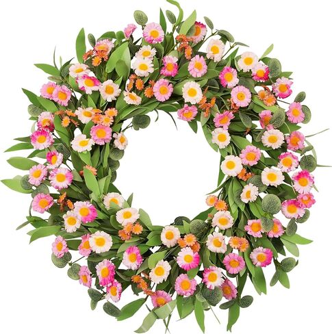 22Inch Spring Summer Wreath for Front Door, Pink White Daisy Flower Wreath with Green Eucalyptus Leaves, Artificial Floral Wreath for Farmhouse Home Wall Window Decor in Saudi Arabia