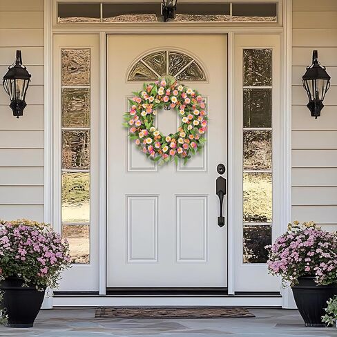 22Inch Spring Summer Wreath for Front Door, Pink White Daisy Flower Wreath with Green Eucalyptus Leaves, Artificial Floral Wreath for Farmhouse Home Wall Window Decor in Saudi Arabia