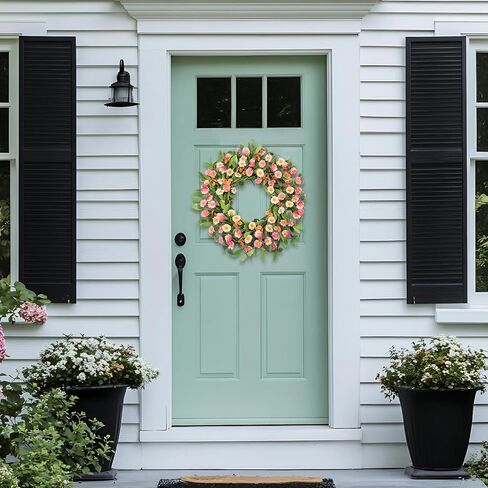 22Inch Spring Summer Wreath for Front Door, Pink White Daisy Flower Wreath with Green Eucalyptus Leaves, Artificial Floral Wreath for Farmhouse Home Wall Window Decor in Saudi Arabia