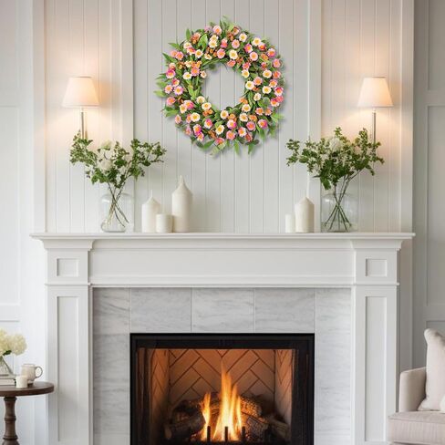 22Inch Spring Summer Wreath for Front Door, Pink White Daisy Flower Wreath with Green Eucalyptus Leaves, Artificial Floral Wreath for Farmhouse Home Wall Window Decor in Saudi Arabia