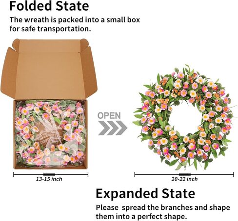 22Inch Spring Summer Wreath for Front Door, Pink White Daisy Flower Wreath with Green Eucalyptus Leaves, Artificial Floral Wreath for Farmhouse Home Wall Window Decor in Saudi Arabia