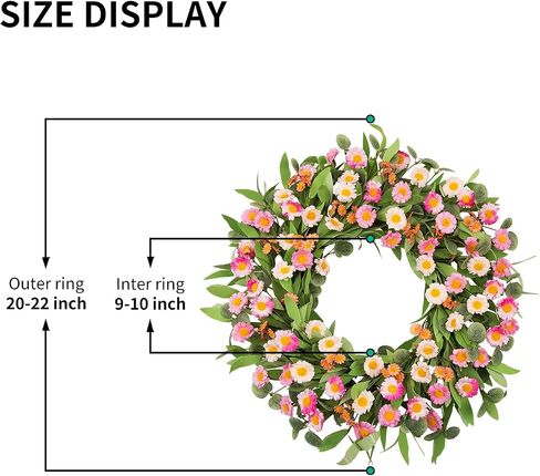 22Inch Spring Summer Wreath for Front Door, Pink White Daisy Flower Wreath with Green Eucalyptus Leaves, Artificial Floral Wreath for Farmhouse Home Wall Window Decor in Saudi Arabia