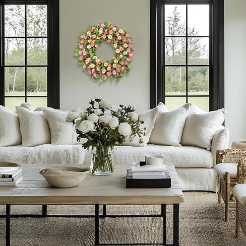 22Inch Spring Summer Wreath for Front Door, Pink White Daisy Flower Wreath with Green Eucalyptus Leaves, Artificial Floral Wreath for Farmhouse Home Wall Window Decor in Saudi Arabia