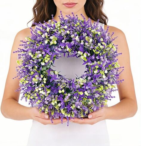 15 Inch Lavender Wreaths for Front Door Spring Summer Wreathwith Lavender,Baby's Breath,for Year-Round Use Indoors and Outdoors as Wall, Door, Window, Party and Wedding Decorations in Saudi Arabia