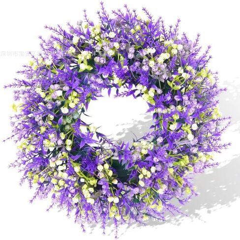 15 Inch Lavender Wreaths for Front Door Spring Summer Wreathwith Lavender,Baby's Breath,for Year-Round Use Indoors and Outdoors as Wall, Door, Window, Party and Wedding Decorations in Saudi Arabia