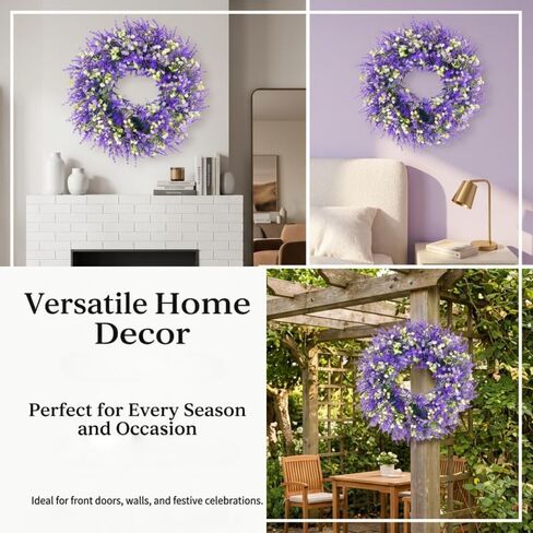 15 Inch Lavender Wreaths for Front Door Spring Summer Wreathwith Lavender,Baby's Breath,for Year-Round Use Indoors and Outdoors as Wall, Door, Window, Party and Wedding Decorations in Saudi Arabia