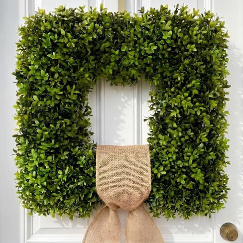 Dingion 20'' Square Boxwood Wreath with Burlap Sash, Spring Wreaths for Front Door, Realistic Artificial Summer Boxwood Wreaths for Farmhouse Wedding Green Year Round Indoor Outdoor Porch(Linen) in Kuwait