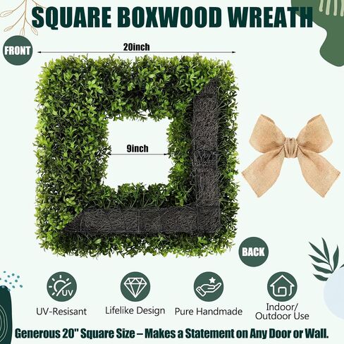 Dingion 20'' Square Boxwood Wreath with Burlap Sash, Spring Wreaths for Front Door, Realistic Artificial Summer Boxwood Wreaths for Farmhouse Wedding Green Year Round Indoor Outdoor Porch(Linen) in Kuwait