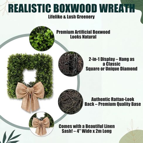 Dingion 20'' Square Boxwood Wreath with Burlap Sash, Spring Wreaths for Front Door, Realistic Artificial Summer Boxwood Wreaths for Farmhouse Wedding Green Year Round Indoor Outdoor Porch(Linen) in Kuwait