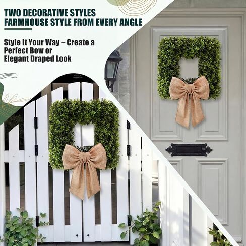 Dingion 20'' Square Boxwood Wreath with Burlap Sash, Spring Wreaths for Front Door, Realistic Artificial Summer Boxwood Wreaths for Farmhouse Wedding Green Year Round Indoor Outdoor Porch(Linen) in Kuwait