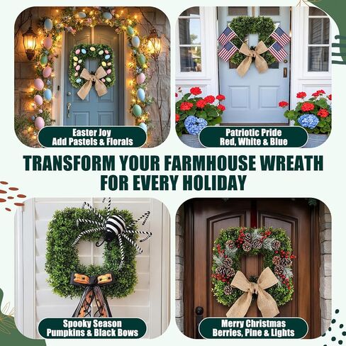 Dingion 20'' Square Boxwood Wreath with Burlap Sash, Spring Wreaths for Front Door, Realistic Artificial Summer Boxwood Wreaths for Farmhouse Wedding Green Year Round Indoor Outdoor Porch(Linen) in Kuwait