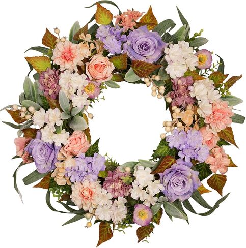 22 Inch Vintage Floral Wreath - Artificial Purple Pink Rose, Peach Dahlia, Hydrangea & White Berry with Boxwood, Lamb's Ear, Willow Eucalyptus, Indoor Outdoor Farmhouse Front Door Decor in Saudi Arabia