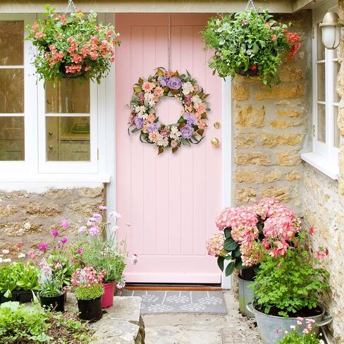 22 Inch Vintage Floral Wreath - Artificial Purple Pink Rose, Peach Dahlia, Hydrangea & White Berry with Boxwood, Lamb's Ear, Willow Eucalyptus, Indoor Outdoor Farmhouse Front Door Decor in Saudi Arabia