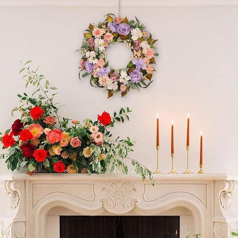 22 Inch Vintage Floral Wreath - Artificial Purple Pink Rose, Peach Dahlia, Hydrangea & White Berry with Boxwood, Lamb's Ear, Willow Eucalyptus, Indoor Outdoor Farmhouse Front Door Decor in Saudi Arabia