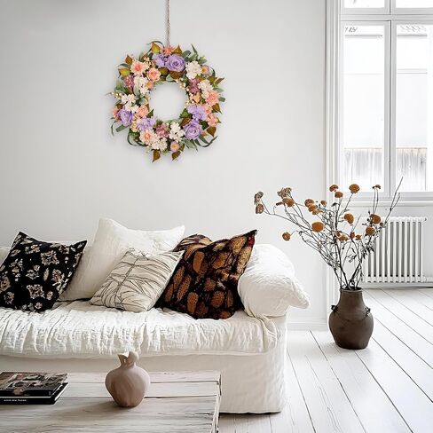 22 Inch Vintage Floral Wreath - Artificial Purple Pink Rose, Peach Dahlia, Hydrangea & White Berry with Boxwood, Lamb's Ear, Willow Eucalyptus, Indoor Outdoor Farmhouse Front Door Decor in Saudi Arabia