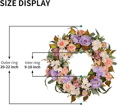 22 Inch Vintage Floral Wreath - Artificial Purple Pink Rose, Peach Dahlia, Hydrangea & White Berry with Boxwood, Lamb's Ear, Willow Eucalyptus, Indoor Outdoor Farmhouse Front Door Decor in Saudi Arabia