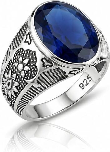 Natural Blue Sapphire Ring Mens 925 Sterling Silver Handmade Gemstone Jewelry Birthstone Mens Ring Vintage Mens Jewelry Gift for Him Statement Mens Ring in Kuwait