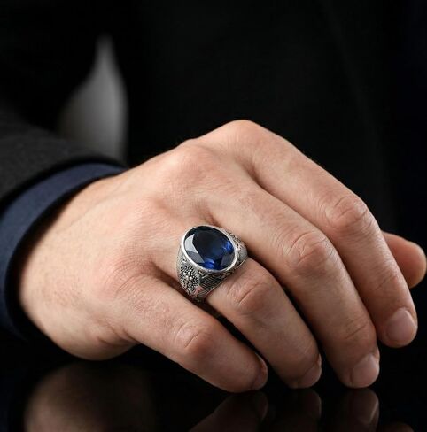 Natural Blue Sapphire Ring Mens 925 Sterling Silver Handmade Gemstone Jewelry Birthstone Mens Ring Vintage Mens Jewelry Gift for Him Statement Mens Ring in Kuwait