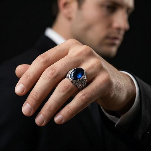 Natural Blue Sapphire Ring Mens 925 Sterling Silver Handmade Gemstone Jewelry Birthstone Mens Ring Vintage Mens Jewelry Gift for Him Statement Mens Ring in Kuwait