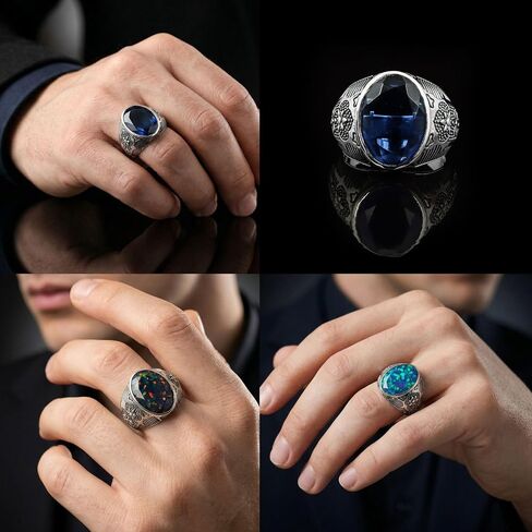 Natural Blue Sapphire Ring Mens 925 Sterling Silver Handmade Gemstone Jewelry Birthstone Mens Ring Vintage Mens Jewelry Gift for Him Statement Mens Ring in Kuwait