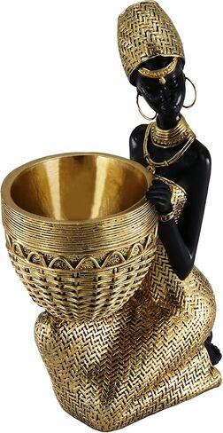 Lescafita African Woman Sculpture with Gold Leaf Bowl, Handmade Resin Figurine, Exotic Tribal Art Statue for Living Room, Dining Table, or Entryway Decoration in Saudi Arabia