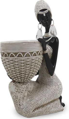 Lescafita African Woman Sculpture with Gold Leaf Bowl, Handmade Resin Figurine, Exotic Tribal Art Statue for Living Room, Dining Table, or Entryway Decoration in Saudi Arabia