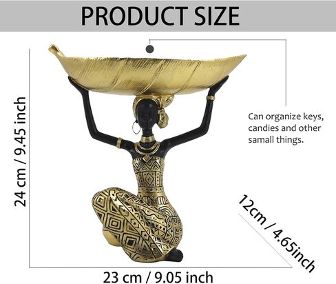Lescafita African Woman Sculpture with Gold Leaf Bowl, Handmade Resin Figurine, Exotic Tribal Art Statue for Living Room, Dining Table, or Entryway Decoration in Saudi Arabia