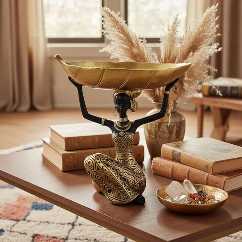 Lescafita African Woman Sculpture with Gold Leaf Bowl, Handmade Resin Figurine, Exotic Tribal Art Statue for Living Room, Dining Table, or Entryway Decoration in Saudi Arabia