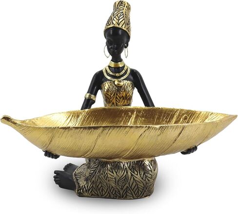 Lescafita African Woman Sculpture with Gold Leaf Bowl, Handmade Resin Figurine, Exotic Tribal Art Statue for Living Room, Dining Table, or Entryway Decoration in Saudi Arabia