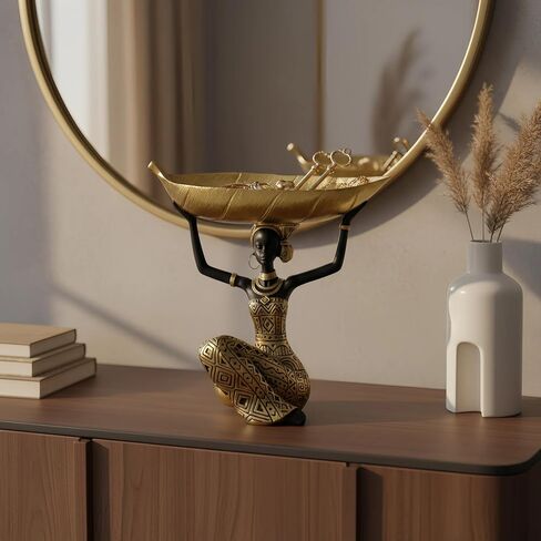 Lescafita African Woman Sculpture with Gold Leaf Bowl, Handmade Resin Figurine, Exotic Tribal Art Statue for Living Room, Dining Table, or Entryway Decoration in Saudi Arabia