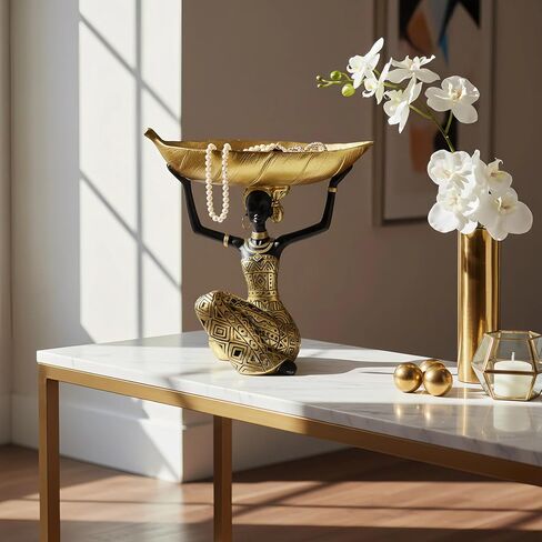 Lescafita African Woman Sculpture with Gold Leaf Bowl, Handmade Resin Figurine, Exotic Tribal Art Statue for Living Room, Dining Table, or Entryway Decoration in Saudi Arabia