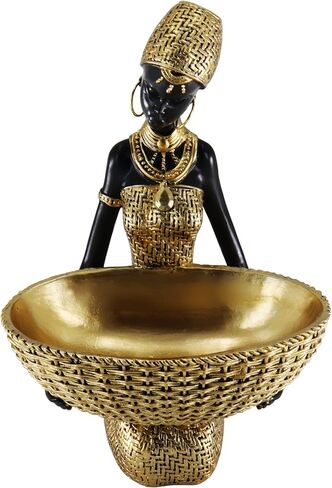 Lescafita African Woman Sculpture with Gold Leaf Bowl, Handmade Resin Figurine, Exotic Tribal Art Statue for Living Room, Dining Table, or Entryway Decoration in Saudi Arabia