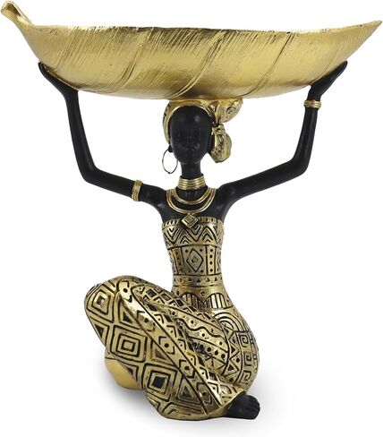 Lescafita African Woman Sculpture with Gold Leaf Bowl, Handmade Resin Figurine, Exotic Tribal Art Statue for Living Room, Dining Table, or Entryway Decoration in Saudi Arabia