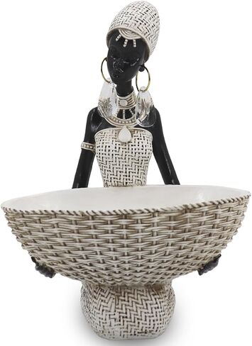 Lescafita African Woman Sculpture with Gold Leaf Bowl, Handmade Resin Figurine, Exotic Tribal Art Statue for Living Room, Dining Table, or Entryway Decoration in Saudi Arabia