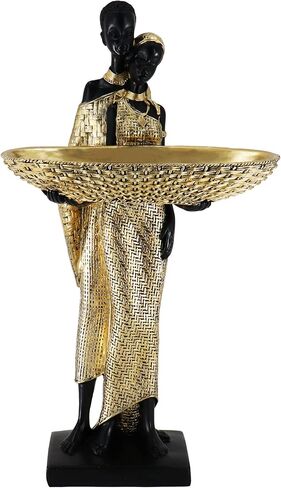 Lescafita African Woman Sculpture with Gold Leaf Bowl, Handmade Resin Figurine, Exotic Tribal Art Statue for Living Room, Dining Table, or Entryway Decoration in Saudi Arabia