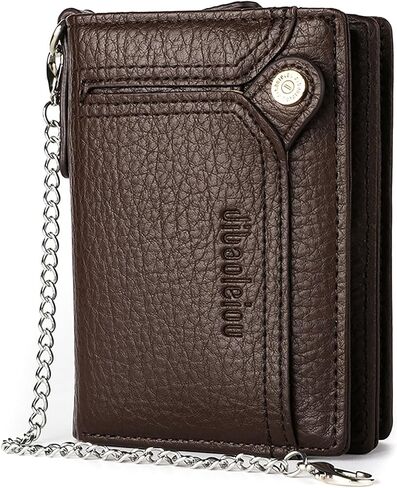 Wallet with Chain for Men Faux Leather Bifold Wallet Zipper Coin Pocket Purse Anti-Theft Chain Mens Gift in Kuwait