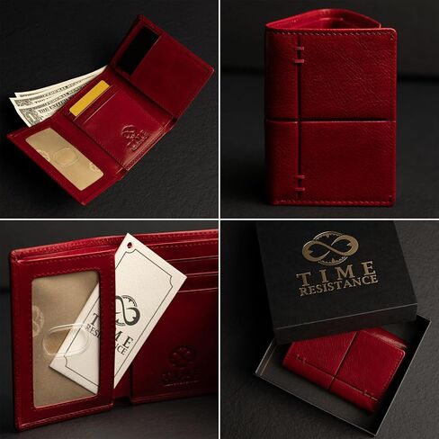 Time Resistance Leather Trifold Wallet – Billfold Credit Card and Cash Holder - Italian Handmade Minimalist Wallet (Red) in Saudi Arabia