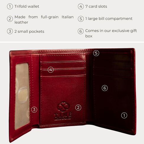 Time Resistance Leather Trifold Wallet – Billfold Credit Card and Cash Holder - Italian Handmade Minimalist Wallet (Red) in Saudi Arabia