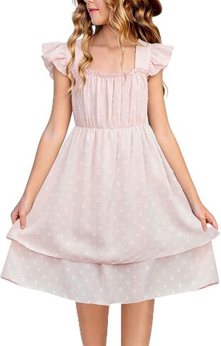 PopReal Tween Girls Summer Dresses Kids Double Hem Layer Ruffle Sleeve Polka Dot Dress in Saudi Arabia