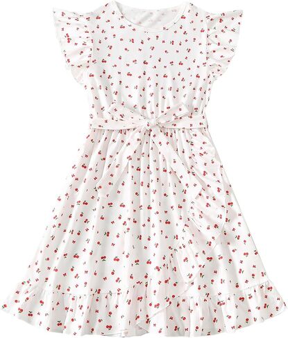 Girls Summer Dress Cute Bow Cherry Graphic Flutter Sleeve Ruffle Hem Fancy Dress with Waist Tie in Saudi Arabia