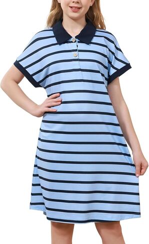 GORLYA Girls Striped Polo Collared Button Shift Straight Casual Loose Midi Dress 6-14Y in Kuwait