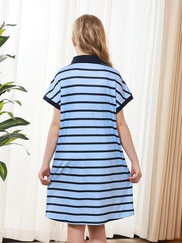 GORLYA Girls Striped Polo Collared Button Shift Straight Casual Loose Midi Dress 6-14Y in Kuwait
