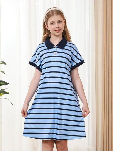 GORLYA Girls Striped Polo Collared Button Shift Straight Casual Loose Midi Dress 6-14Y in Kuwait