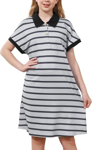 GORLYA Girls Striped Polo Collared Button Shift Straight Casual Loose Midi Dress 6-14Y in Kuwait