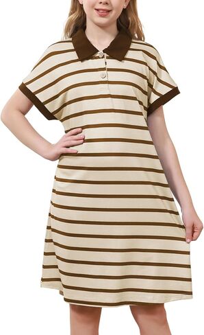 GORLYA Girls Striped Polo Collared Button Shift Straight Casual Loose Midi Dress 6-14Y in Kuwait