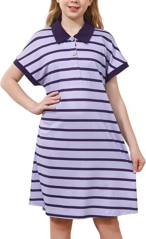 GORLYA Girls Striped Polo Collared Button Shift Straight Casual Loose Midi Dress 6-14Y in Kuwait