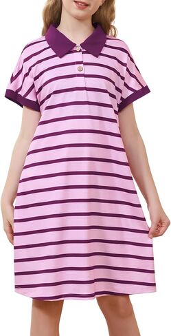 GORLYA Girls Striped Polo Collared Button Shift Straight Casual Loose Midi Dress 6-14Y in Kuwait