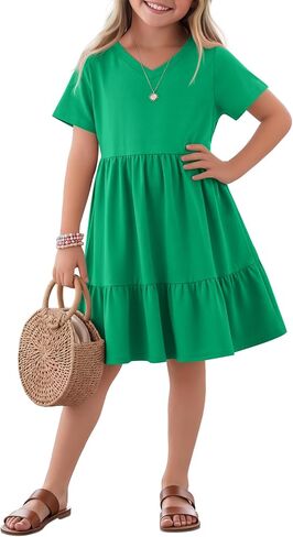 Girls Dress Short Sleeve V Neck Tiered Midi Summer Knit Casual Soft Dress for Kids 5-14 Years in Saudi Arabia